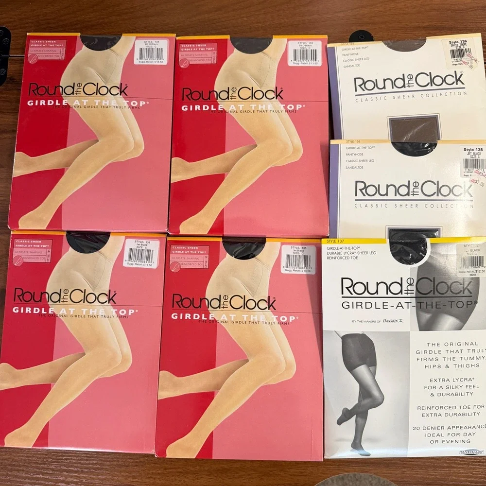7 Vintage Round the Clock Girdle At The Top Pantyhose Lot New NOS Size C Black
